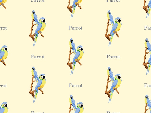Parrot cartoon character seamless pattern on yellow background pixel style