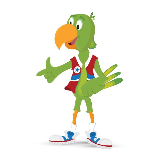 Parrot character with tshirt and sneakers Cartoon vector illustration isolated on white background