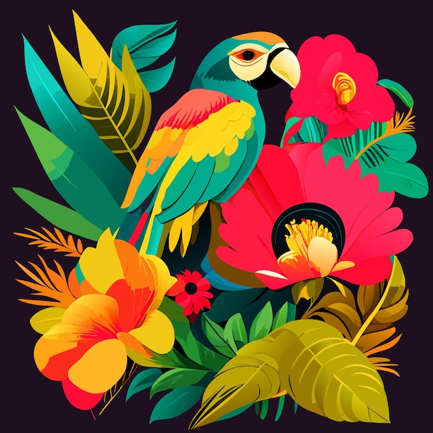 Vector parrot flower and tropical plants