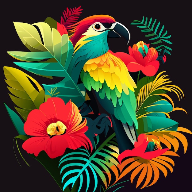 Vector parrot flower and tropical plants