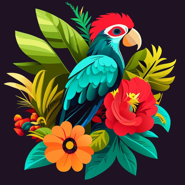 Vector parrot flower and tropical plants