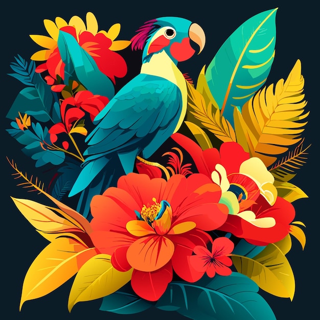 Vector parrot flower and tropical plants