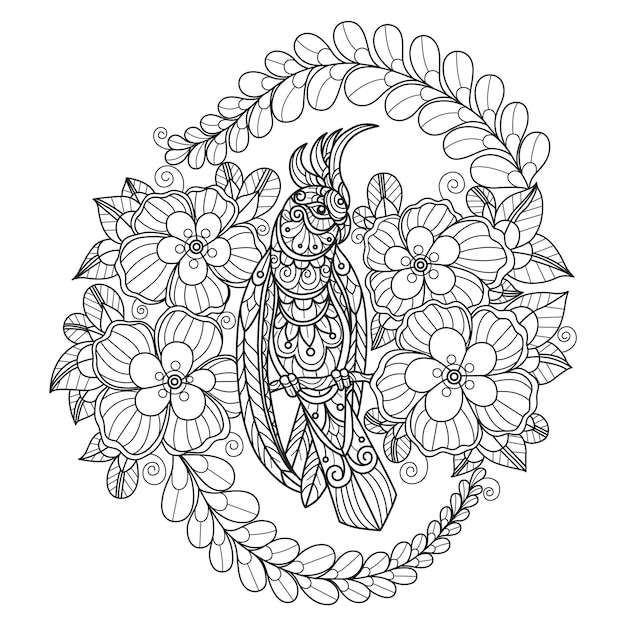 Parrot and flowers hand drawn for adult coloring book