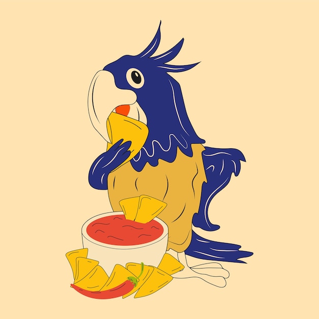 A parrot mascot eats nachos. mexican nachos chips fast food snack