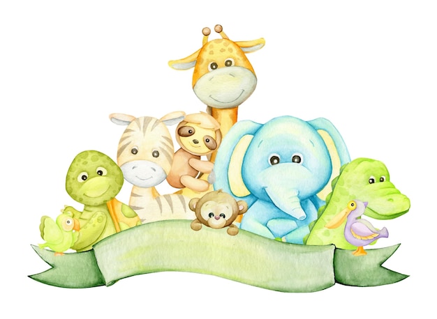 Parrot turtle zebra sloth giraffe monkey elephant allirator pelican Cute animals in cartoon style