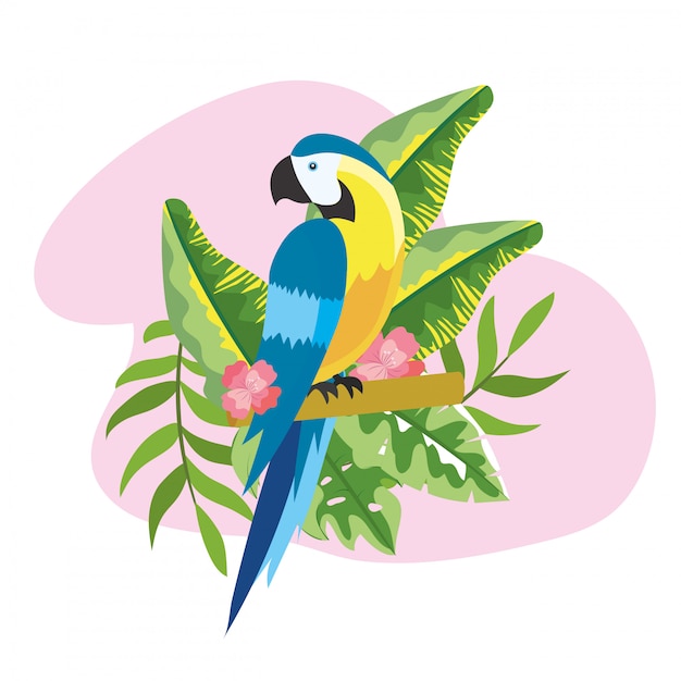 Parrot with tropical plants leaves in the summer