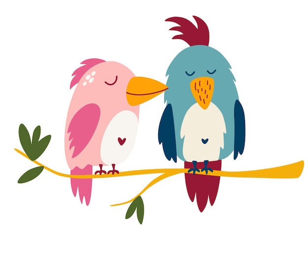 Parrots are a couple in love Cute cartoon lovebird Exotic birds Great for children cards prints and greeting card Isolated vector clip art illustration