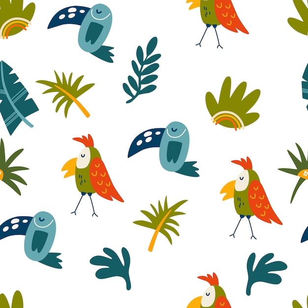 Попугаи и тропические листья бесшовный узор Фон джунглей Бесконечный фон в детском стиле для тканевых текстильных детей и обоев Векторная карикатура