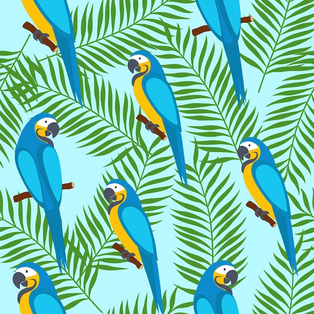 Parrots and tropical leaves. seamless pattern.