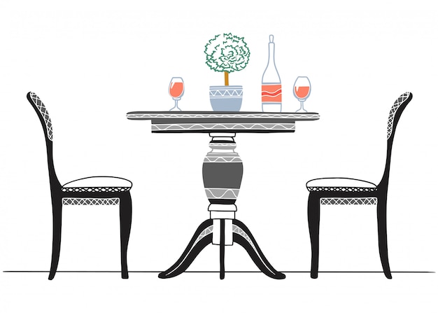 Vector part of the dining room. round table and chairs.on the table vase of flowers. hand drawn sketch.