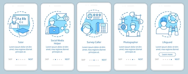 Part-time jobs blue onboarding mobile app page screen with linear concepts. Tutor, photographer, lifeguard. walkthrough steps graphic instructions. UX, UI, GUI vector template with illustrations