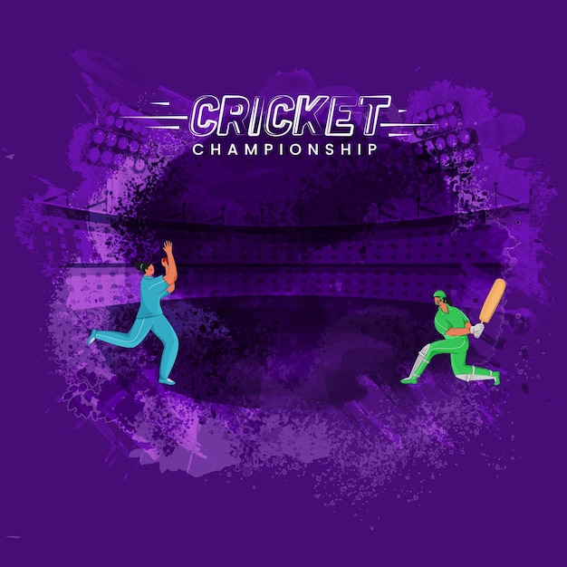Vettore giocatori di cricket femminili partecipanti dell'india vs pakistan su sfondo viola dello stadio grunge per il concetto di campionato