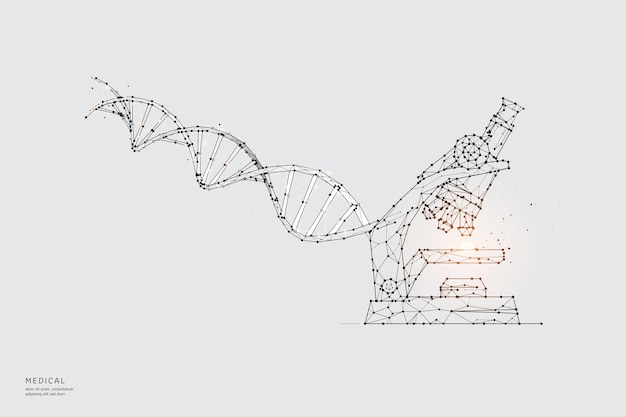 Vector particle art, geometry, lines, and dots.   concept of science and microscope.