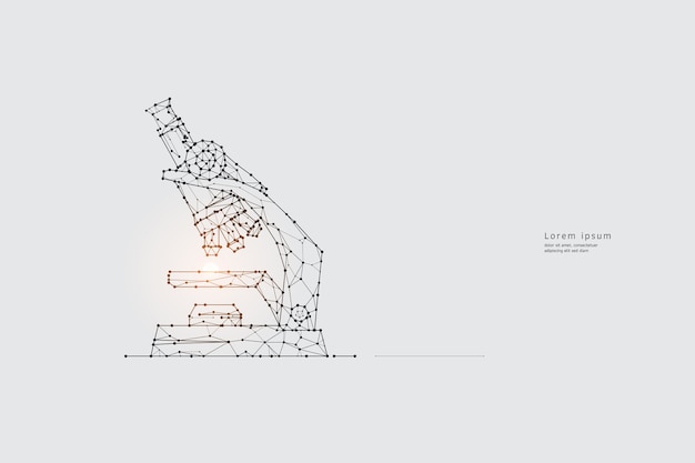 Vector particle art, geometry, lines, and dots, concept of science and microscope.