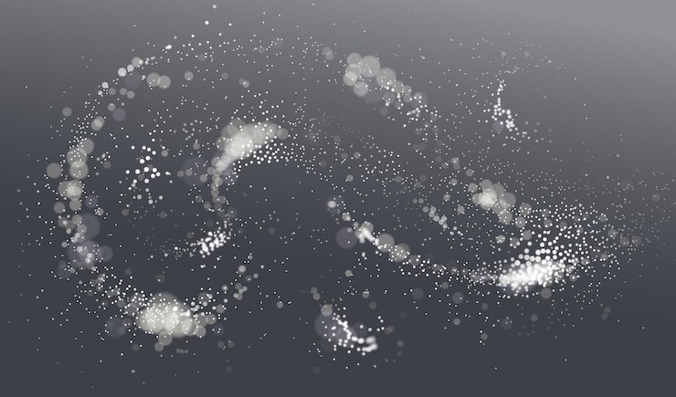 Vector 입자 흐름 배열 다채로운 벡터 추상적 인 배경, 생명체는 생물 테마 현미경 디자인, 움직이는 동적 점 요소를 형성합니다.