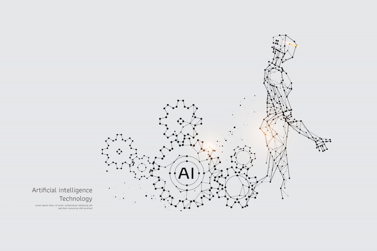 Vector the particles, geometric art, line and dot of gear and robot