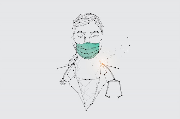 Vector the particles, geometric art, line and dot of human with mask for virus protection