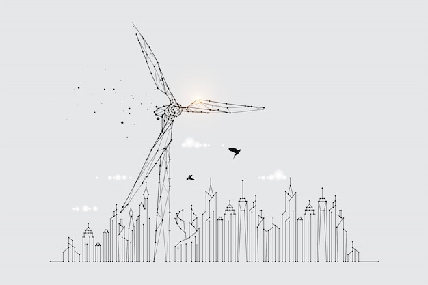 The particles, geometric art, line, and the dot of the wind turbine