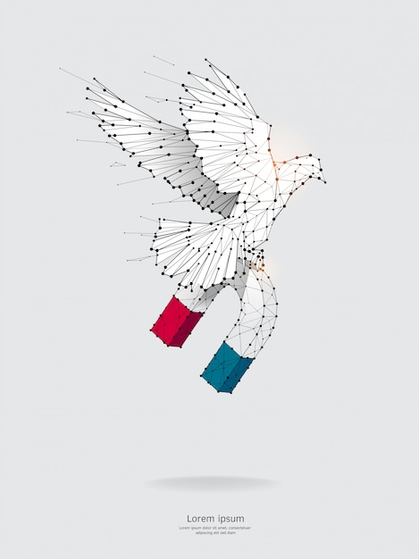 Vector particles, geometric art, of magnet and bird flying