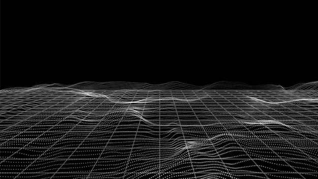 Paesaggio di particelle. puntini bianchi, quadro tecnico della griglia prospettica. banner digitale, onde sonore o sfondo vettoriale di superficie ondulata. wireframe geometrico con motivo a griglia, illustrazione futuristica strutturata