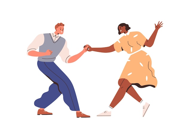 パートナー・カップル・ダンサーがリンディ・ホップ・ダンス・スタイルを披露 陽気で活気のあるスウィング・ムーブメントで手をつないでいる 幸せな現代の若い男と女 白い背景に隔離された平らなベクトルイラスト