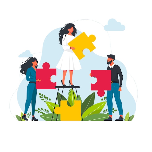 Vector partners die grote puzzelstukjes platte vectorillustratie houden. succesvol partnerschap, communicatie, samenwerkingsmetafoor. teamwork, samenwerking tussen bedrijven concept. vector illustratie