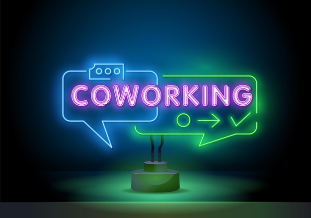 Partnerschap coworking beslissing neon licht teken vector coworking neon licht pictogram kantoor werk freelance...