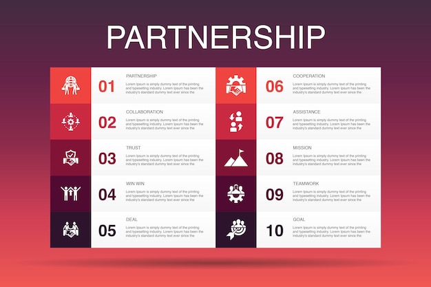 Partnerschap infographic 10 optie template.collaboration, trust, deal, samenwerking eenvoudige pictogrammen