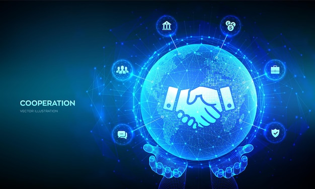 Partnerschap technologie concept Zakelijk partnerschap Wereldwijde samenwerking netwerk Internet communicatie Teamwork Wereldkaart punt lijn samenstelling Earth planet globe in handen Vector illustratie