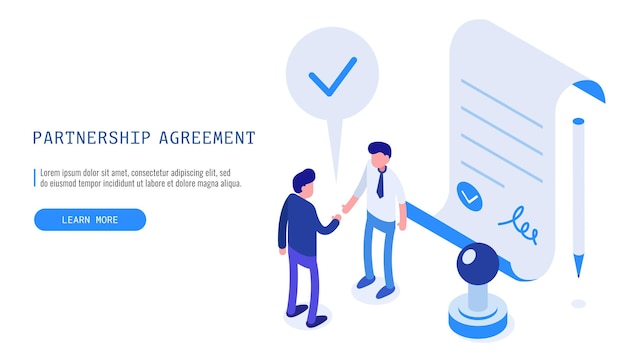Partnership agreement concept. Two businessman finishing successful business deal. Isometric vector web banner.