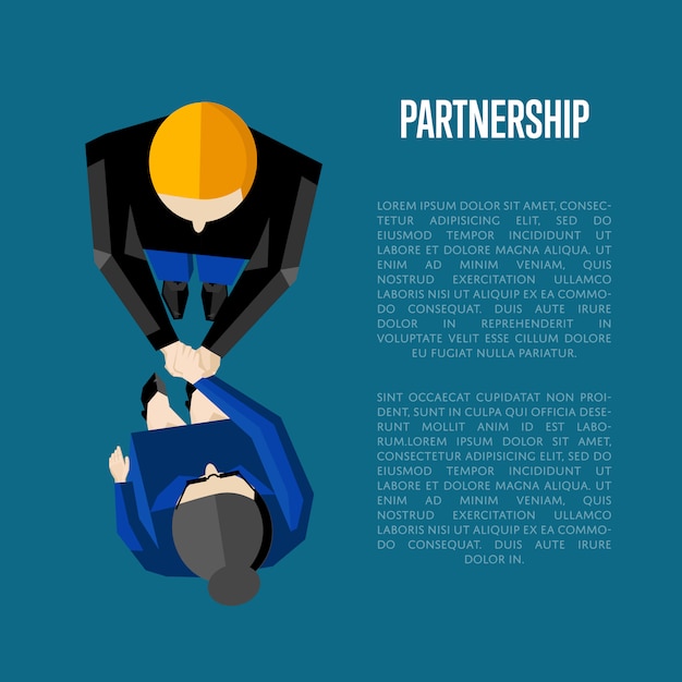 Modello di poster informativo di partenariato. handshaking dei partner di vista superiore