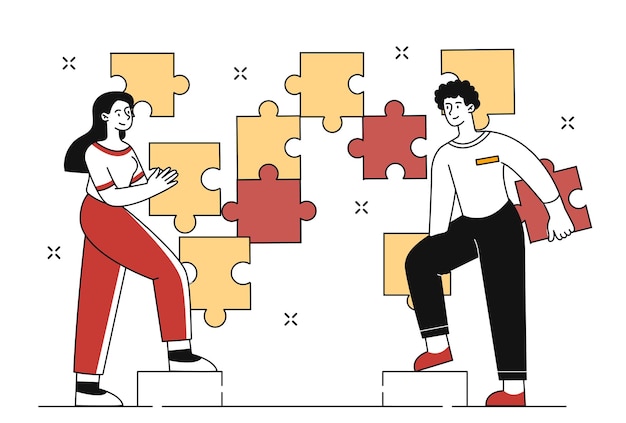 Partnership and teamwork concept man and woman stand on platforms and collect puzzle pieces business