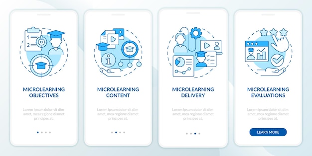 Parti della schermata dell'app mobile per l'onboarding blu di microlearning