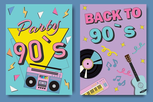 Party 90s banner 90s graphic design template Poster templates with happy nineties symbols