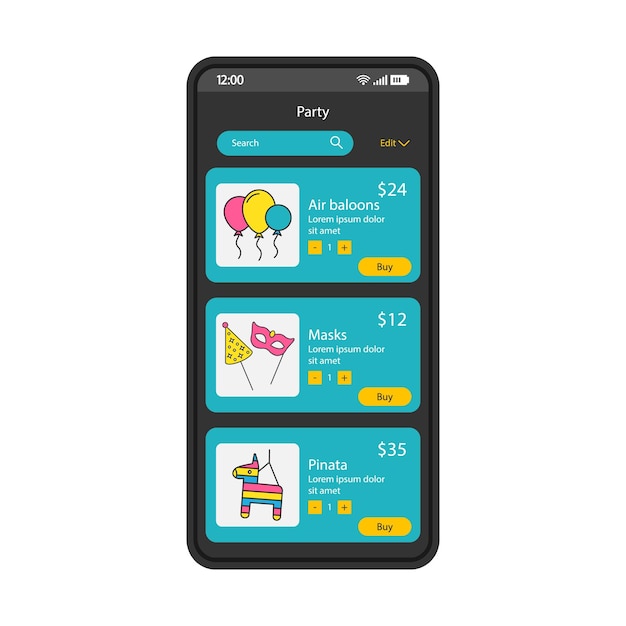Party accessories smartphone interface vector template