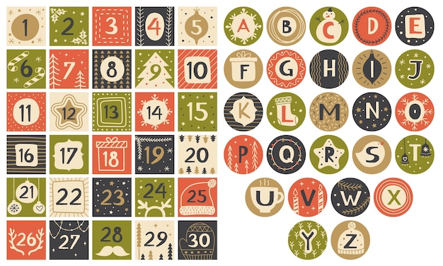 Vector party alphabet xmas letters and numbers stylized forms abc figures alphabet for festive calendars messages recent vector lettering collection
