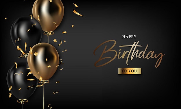 Vector party background with an illustration of a realistic balloon and gold happy birthday writing