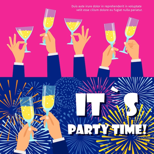 Vector party banners set with fireworks and champagne