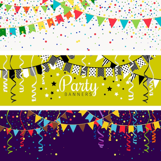 Vector party banners with garland of colour flags and confetti