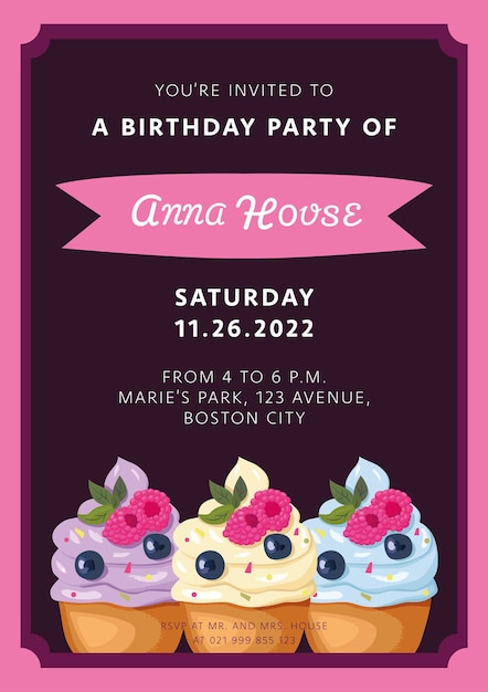 Party Birthday Invitation template with cupcakes