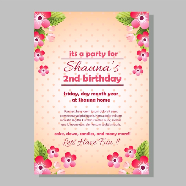 Party birthday invitation template with cute flower