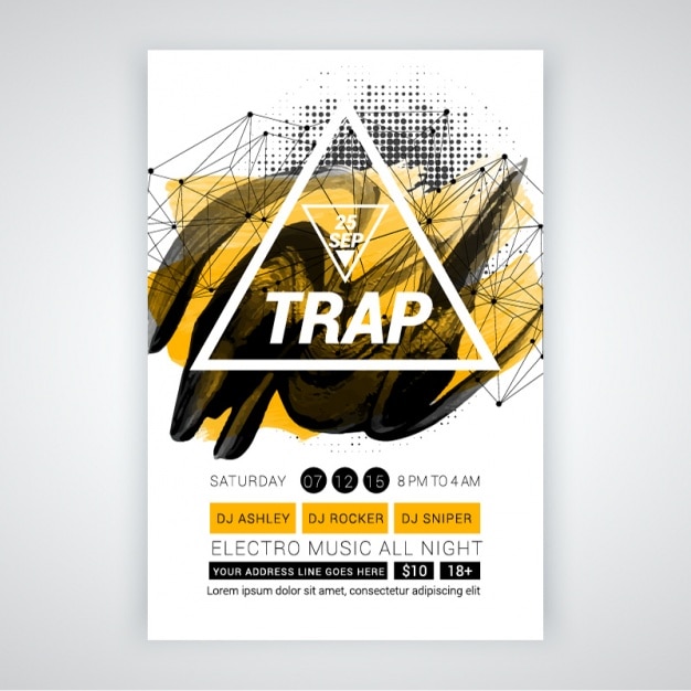 Party brochure with white triangle and abstract shapes