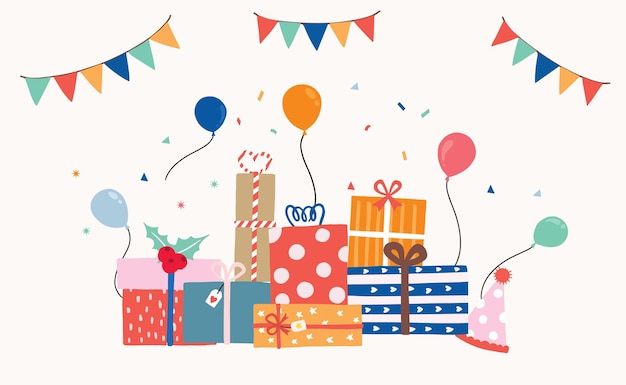 Collezione di biglietti per feste con confezione regalo, palloncino, nastro, coriandoli. illustrazione vettoriale per poster, cartoline, striscioni, copertina