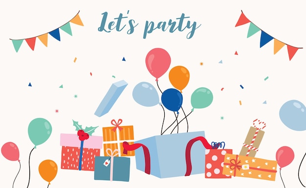 Party card collection with gift box, balloon, ribbon, confetti.vector illustration for poster,postcard,banner,cover