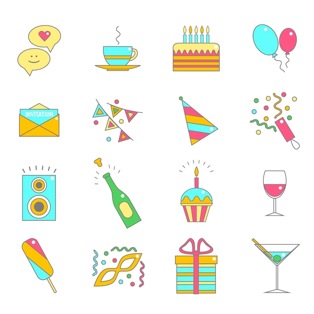 パーティーのお祝いの色の線のアイコンは、Webデザインのシンボル楽しい休日を設定します。ベクトルイラスト
