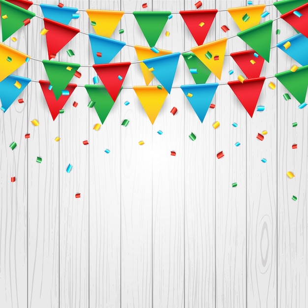 Vector party celebration flag on white wood background