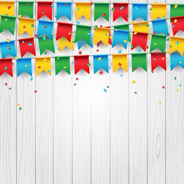 Vector party celebration flag on white wood background