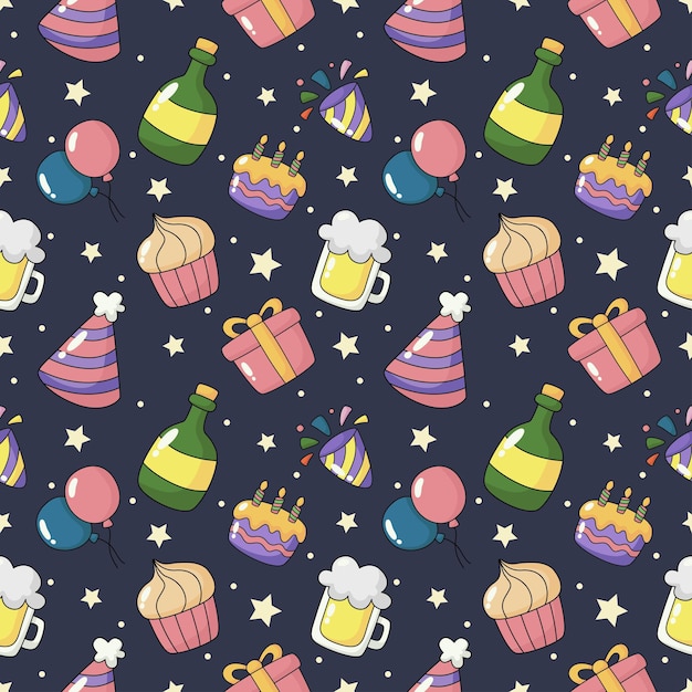 Vector party celebration seamless pattern birthday icons carnival festive items on blue background