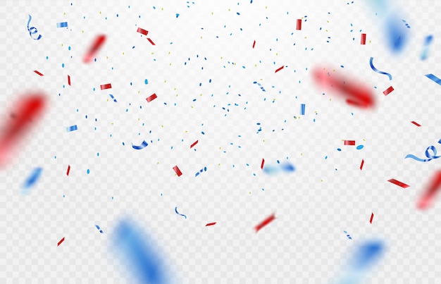 Party, celebration or special birthday background with blue and red shiny glitters or ribbon falling in transparent background