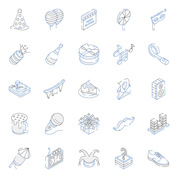 Party celebrations outline isometric icons